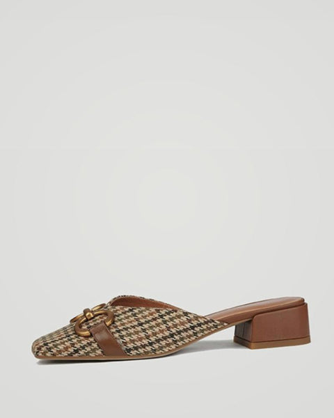 Square-toe Houndstooth Print Splicing Buckle Muller Shoes