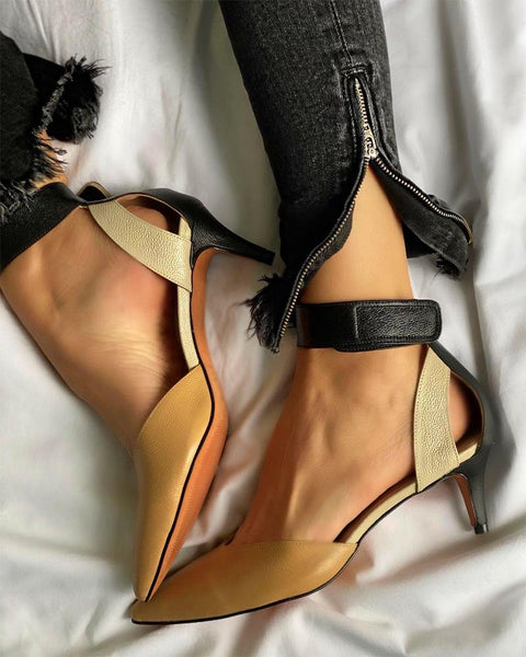 Pointed-toe Color Block PU Leather Shallow Mouth High Heels