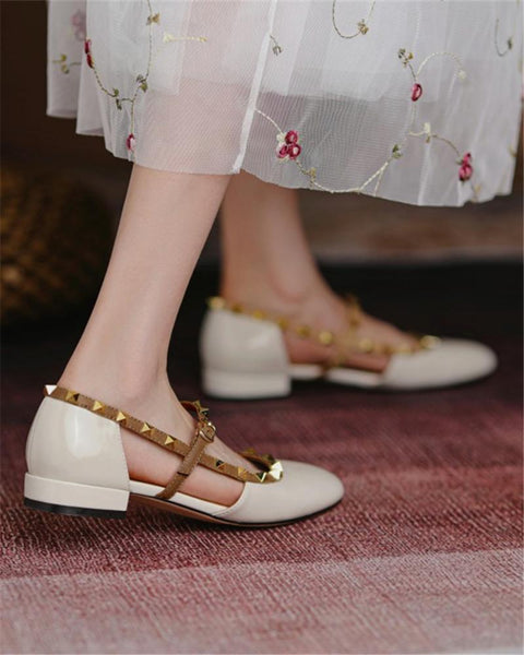 Studded Round-toe Flat Pu Slip-on Shoes