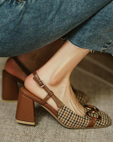 Square-toe Houndstooth Print Splicing Buckle High Heels