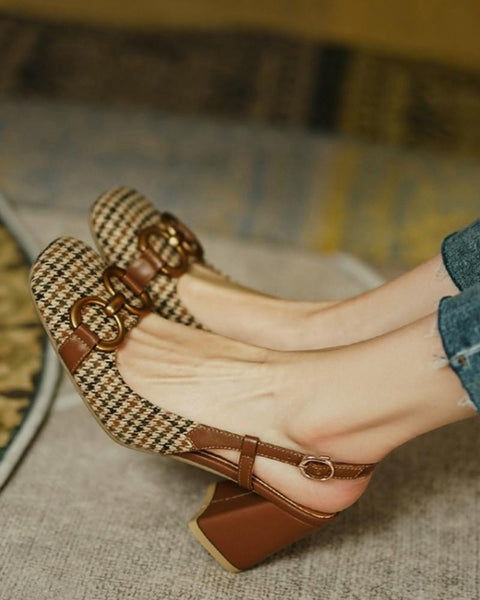 Square-toe Houndstooth Print Splicing Buckle High Heels