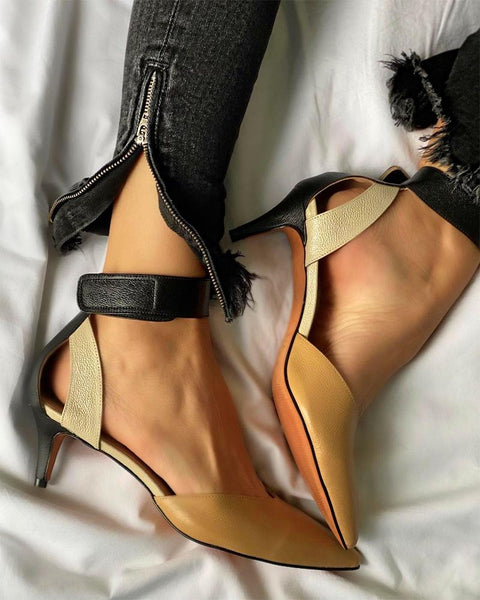 Pointed-toe Color Block PU Leather Shallow Mouth High Heels