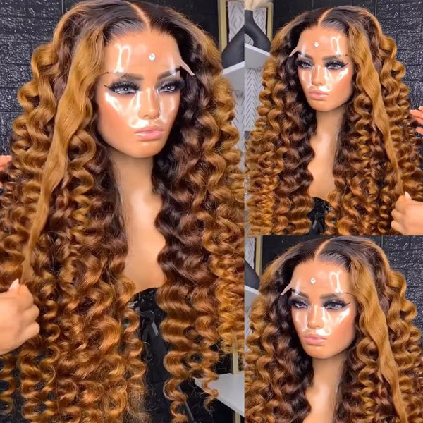 Caramel Brown Water Wave Lace Front Human Hair Wig Dark Root Lace Front Ombre Color Wig