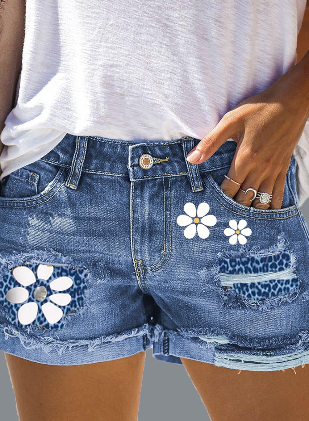 Women's Shorts Floral Leopard Print Mid Waist Jeans Shorts