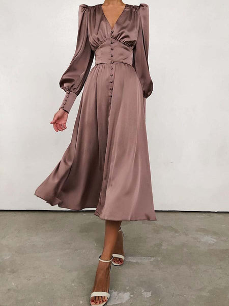 Vintage Solid Color Button Long Dress