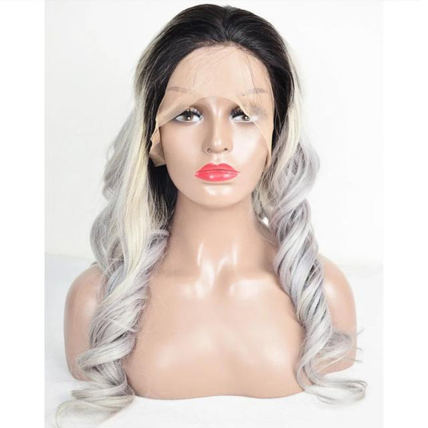 Grey With Black Root Color Body Wavy Full Lace Wig