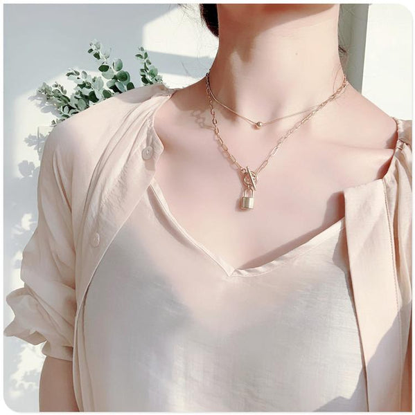 2 pcs set lock choker necklace Ti Steel