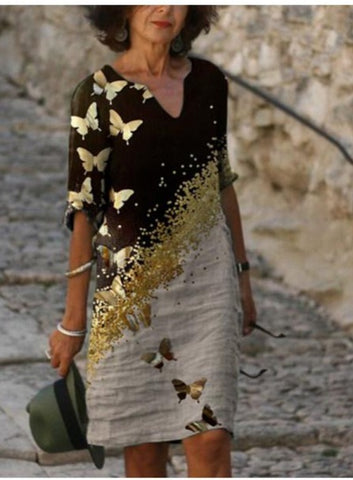 Fashion V-neck short-sleeved butterfly print dress