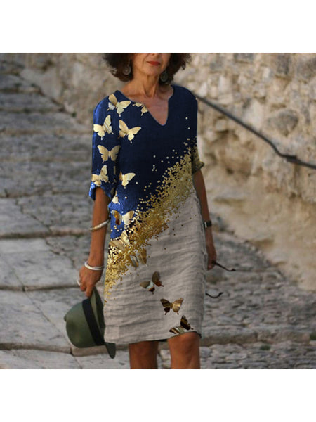 Fashion V-neck short-sleeved butterfly print dress