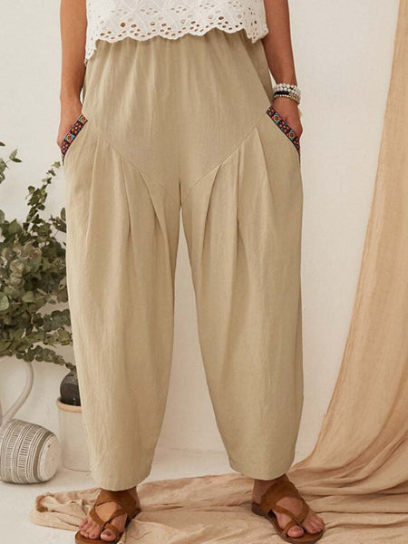 Causal Patchwork Elastic Waist Plus Size Wide Leg Pants