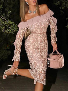 Sexy Pink Off Shoulder Lace Bodycon Dress