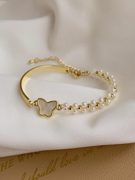 "Sweet BFF" Pearl Butterfly Gold Plated Bracelet