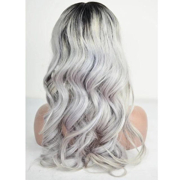 Grey With Black Root Color Body Wavy Full Lace Wig
