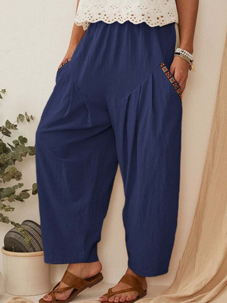 Causal Patchwork Elastic Waist Plus Size Wide Leg Pants