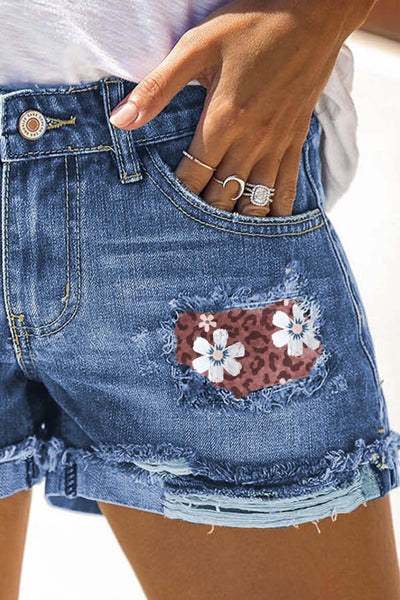 Women's Shorts Leopard Floral Patchwork Ripped Denim Shorts
