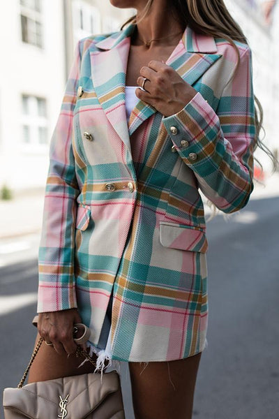 Colourful Plaid Print Button Decor Blazer