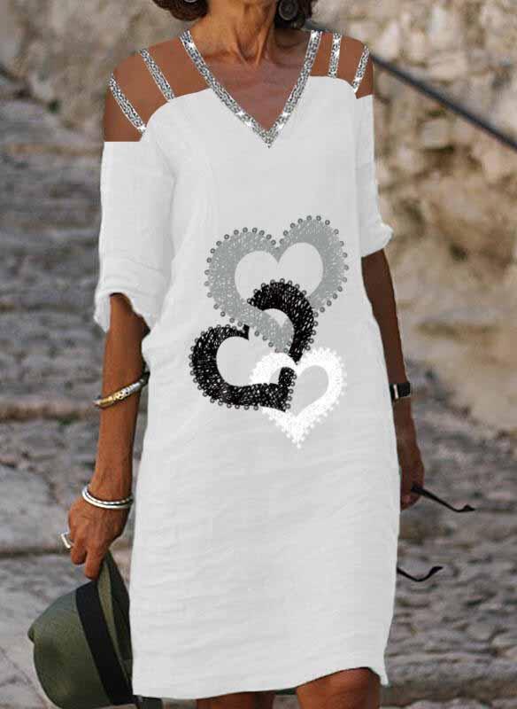 Print/Sequins/Heart 1/2 Sleeves Shift Knee Length Casual Tunic Dresses