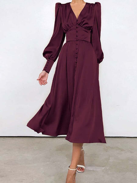 Vintage Solid Color Button Long Dress