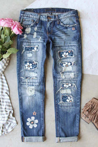 Women's Jeans Floral Slim Low Waist Patchwork Jeans