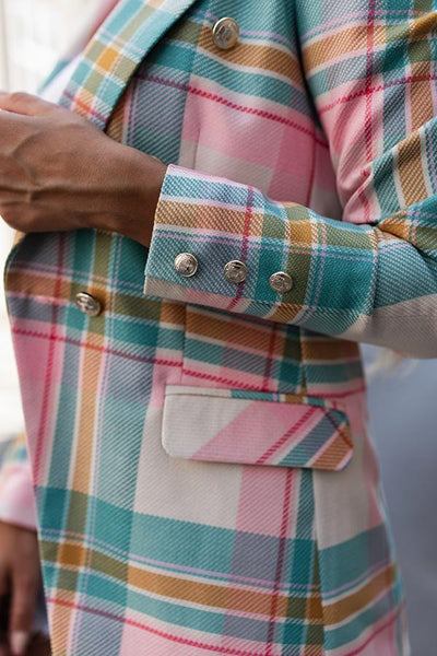 Colourful Plaid Print Button Decor Blazer