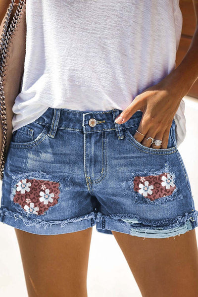 Women's Shorts Leopard Floral Patchwork Ripped Denim Shorts