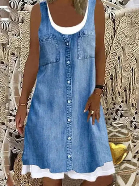 Round Neck Fake Two Pieces Double Pockets Sleeveless Dress