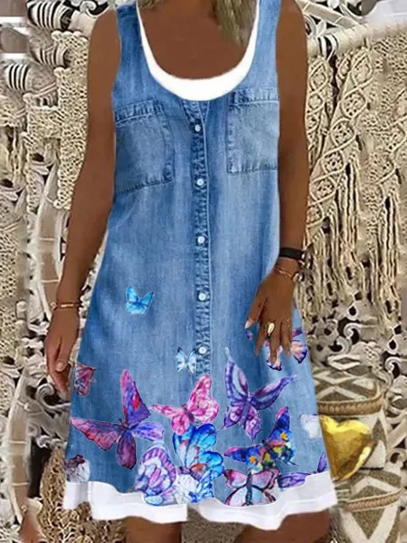 Butterfly Print Round Neck Loose Sleeveless Fake Two Pieces Dress