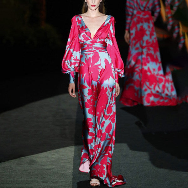 Printed V-neck long sleeve dress