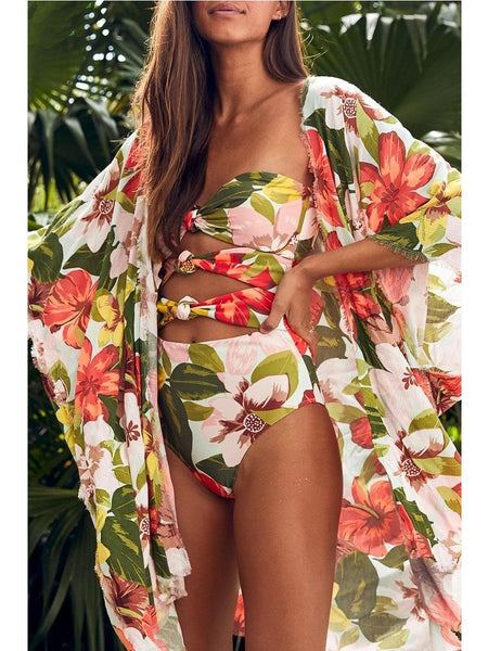Floral Print Knot Design Orange Cover-Ups