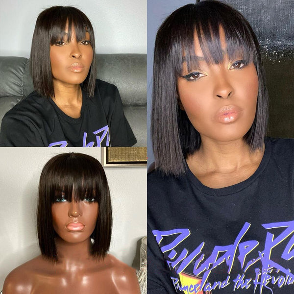 Short Bob Wig With Bangs Straight Brazilian Hair Wigs （Expensive But Much Better ）