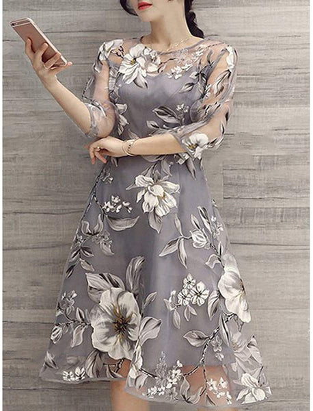 Floral Printed See-Through Midi Skater Dress