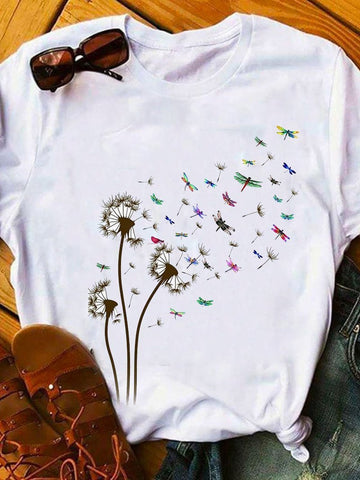 Dragonfly Dandelion Fashion Print Short-sleeved T-shirt
