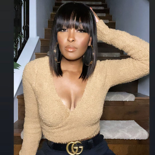 Short Bob Wig With Bangs Straight Brazilian Hair Wigs （Expensive But Much Better ）