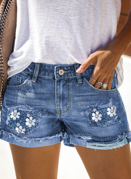 Women's Shorts Leopard Floral Patchwork Ripped Denim Shorts