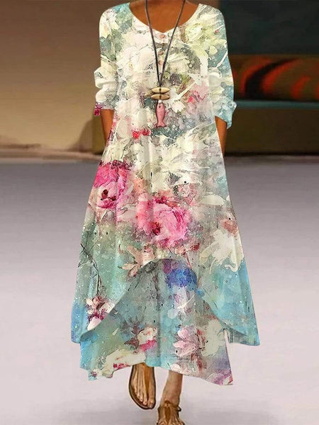 Floral Painting Crew Neck Casual Maxi Dresses