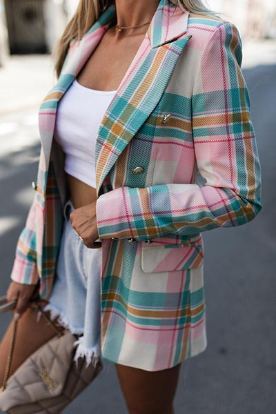 Colourful Plaid Print Button Decor Blazer