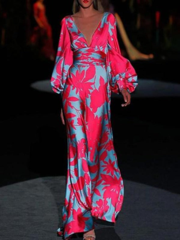 Printed V-neck long sleeve dress