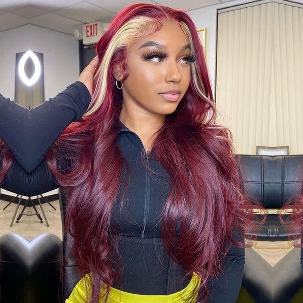 Lace Frontal Skunk Stripe Wig #613/99J Burgundy Color Highlight Body Wave/Straight Hair Lace Front Wigs