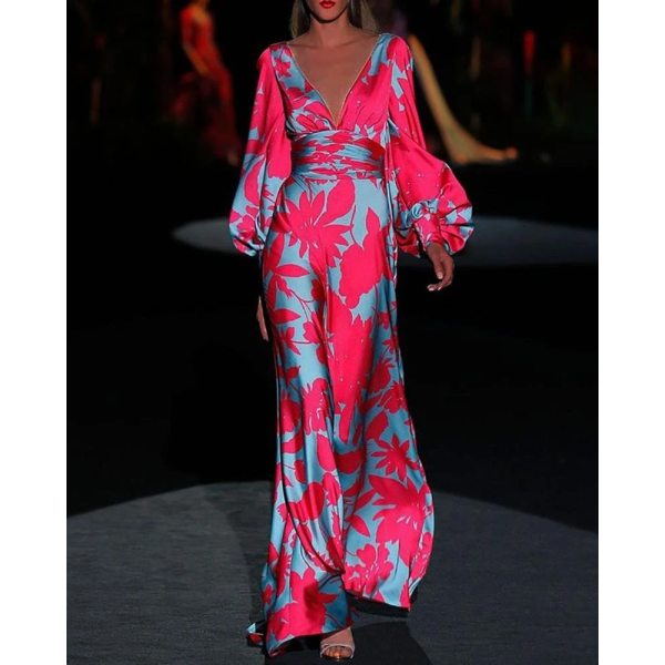 Printed V-neck long sleeve dress