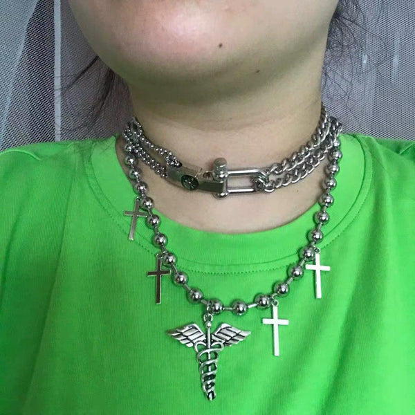 Ball Chain Cross Wing Choker Necklace