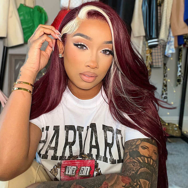 Lace Frontal Skunk Stripe Wig #613/99J Burgundy Color Highlight Body Wave/Straight Hair Lace Front Wigs