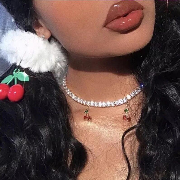 Cute Cherry Rhinestones Bling Necklace