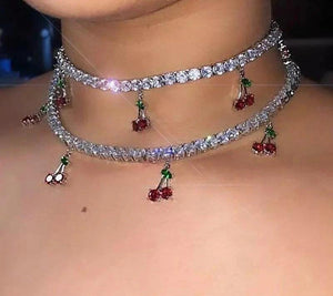 Cute Cherry Rhinestones Bling Necklace