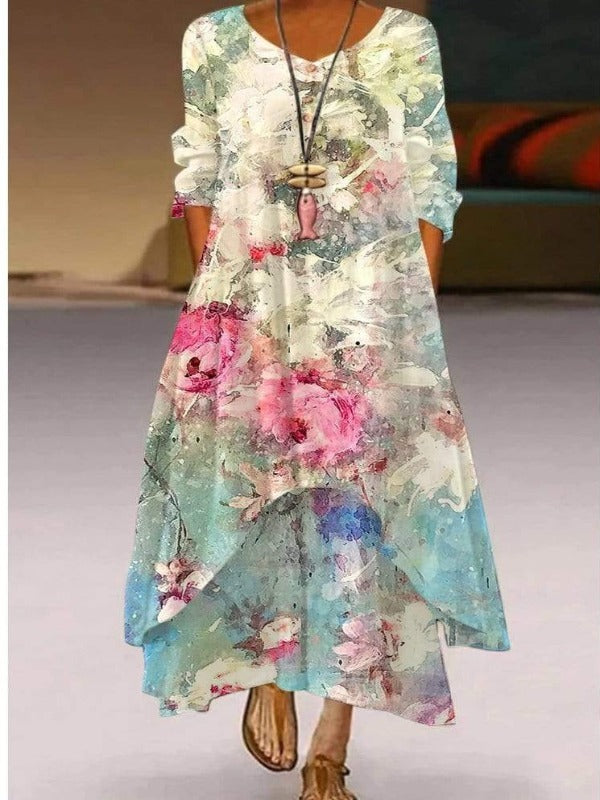 Floral Painting Crew Neck Casual Maxi Dresses