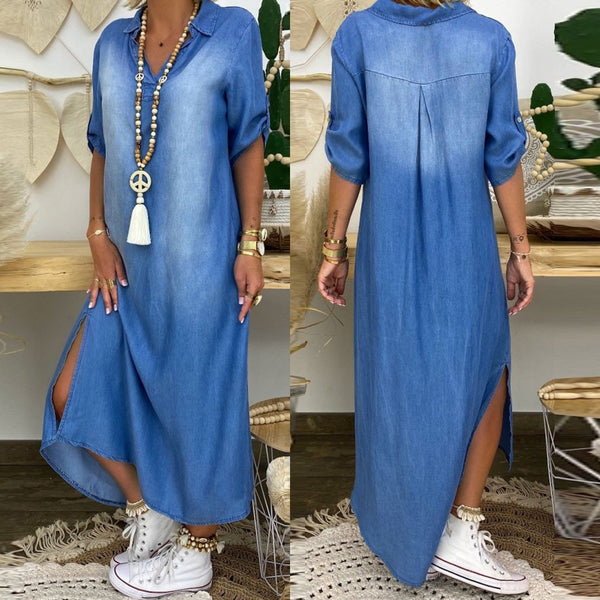 Women Summer Split Denim Dress Cowboy Short Sleeve  Fashion V-Neck Length Dress