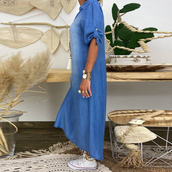 Women Summer Split Denim Dress Cowboy Short Sleeve  Fashion V-Neck Length Dress