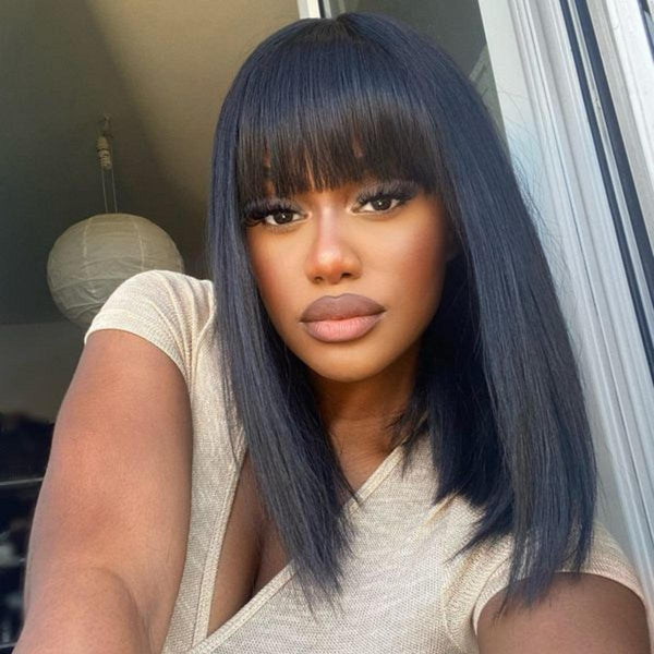 Rectangular Scalp Swiss HD Yaki Straight Bob Wig with Bang