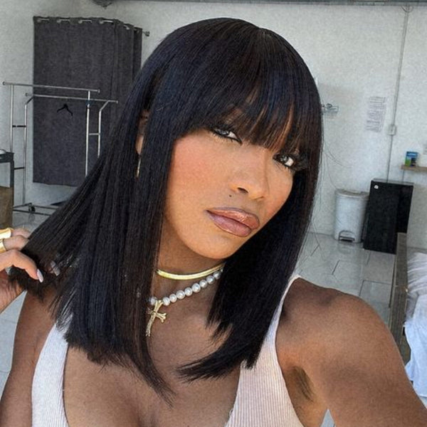 Rectangular Scalp Swiss HD Yaki Straight Bob Wig with Bang