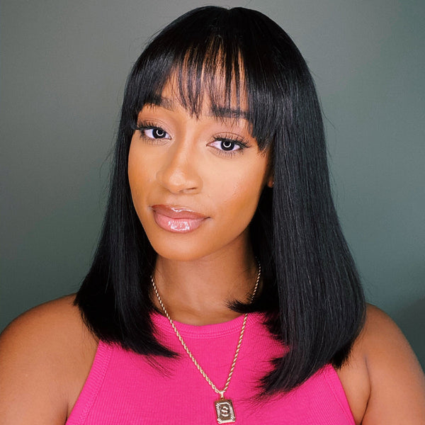 Rectangular Scalp Swiss HD Yaki Straight Bob Wig with Bang