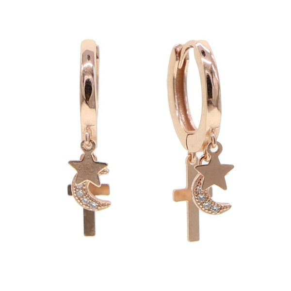 925 sterling silver cute lovely charm hoop earring gold silver rose gold 3 colors dainty cross moon star charm silver jewelry